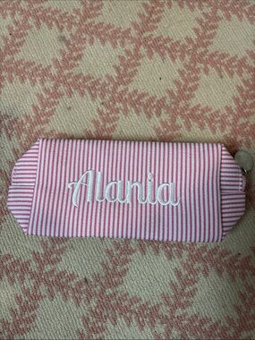Alania Monogrammed Pink Stripe Makeup Organizer Pouch